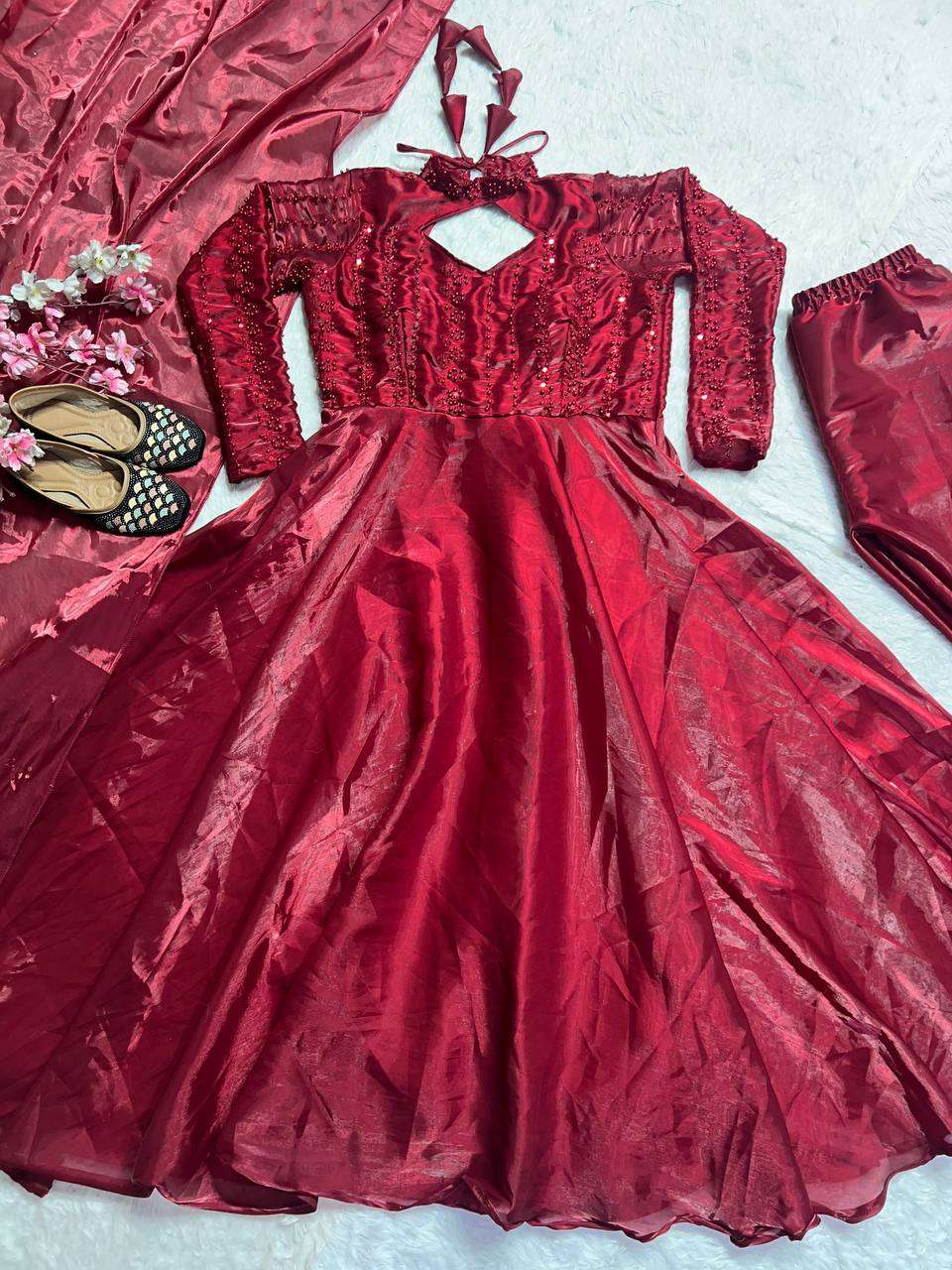 Women's Silk Heavy Embroidery Sequence Work Long Anarkali Kurti With Pant and Dupatta Set - Image 10
