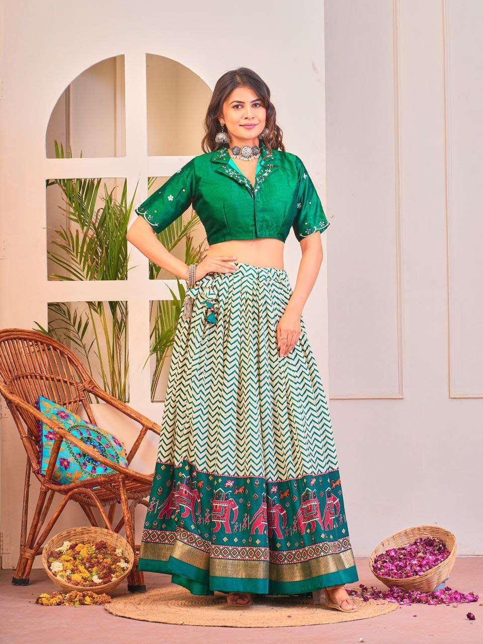 Women's Tussar Silk Patola Print Lehenga Choli Set with Foil Work - Image 15