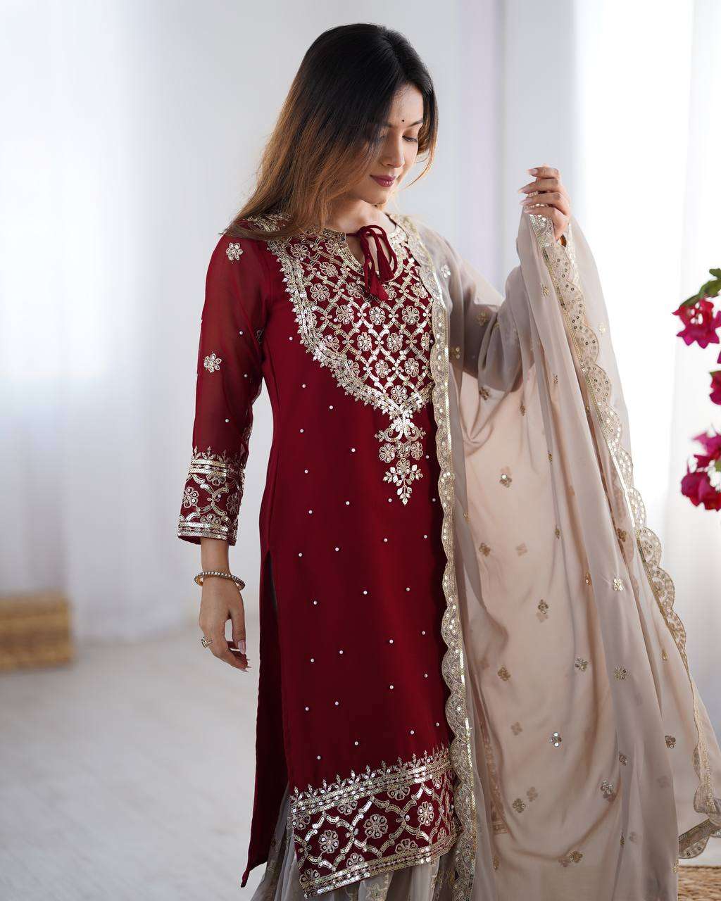Women's Faux Georgette Sequins Embroidered Straight Kurta With Sharara Suit and Dupatta Set - Image 2